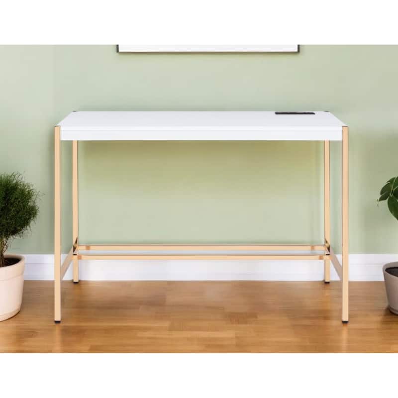 Wood Writing Desk with Gold Metal Base and Built In USB Port