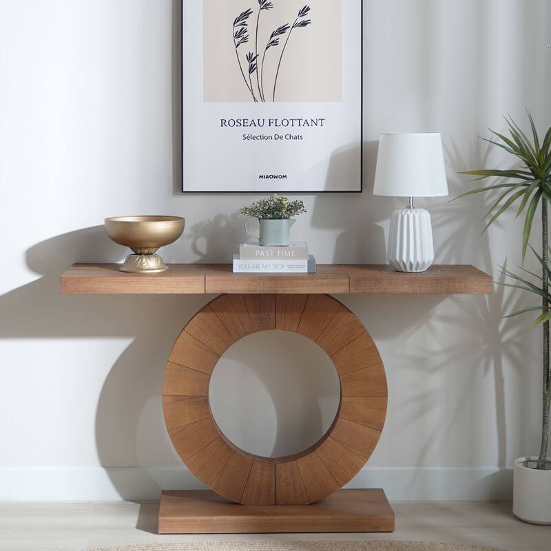 Roomfitters Modern Console Table with Circular Base, 53" Minimalist Entryway Desk, Engineered Wood, Natural Finish