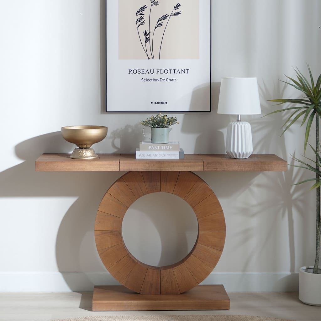Roomfitters Modern Console Table with Circular Base, 53" Minimalist Entryway Desk, Engineered Wood, Natural Finish