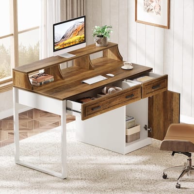 Computer Desk with Drawers & Hutch, Modern Executive Office Desk
