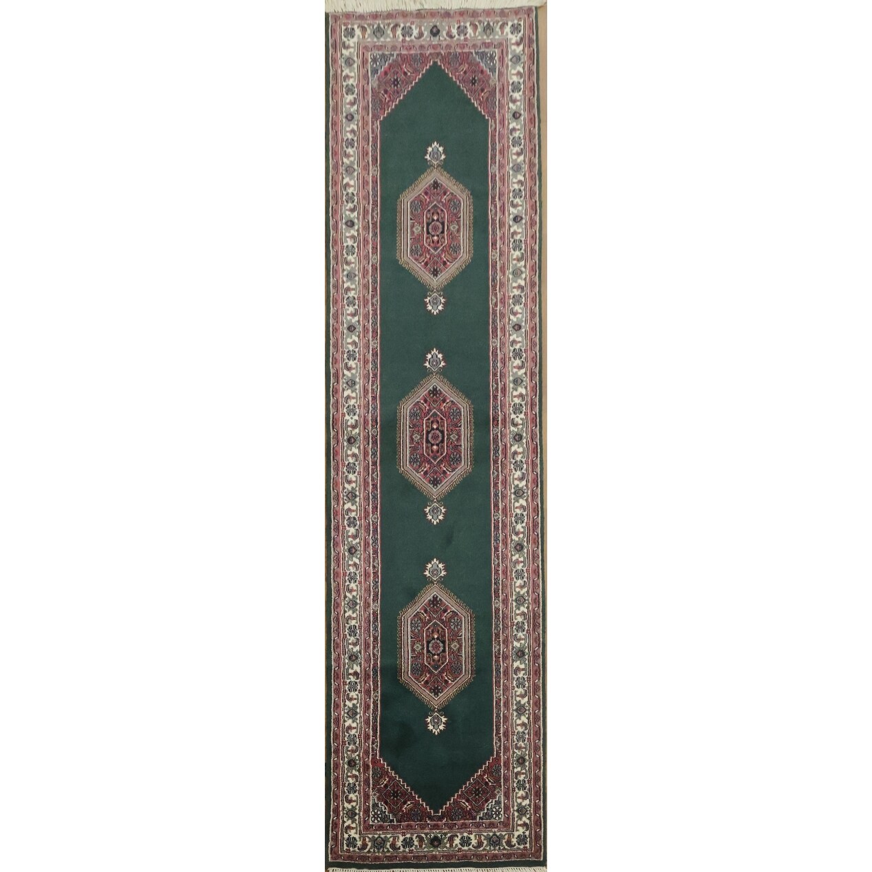 Hand Knotted Oriental 100% Wool Carpet Traditional Tribal Green Bidjar Runner Rug - 10' 2'' X 2' 7''