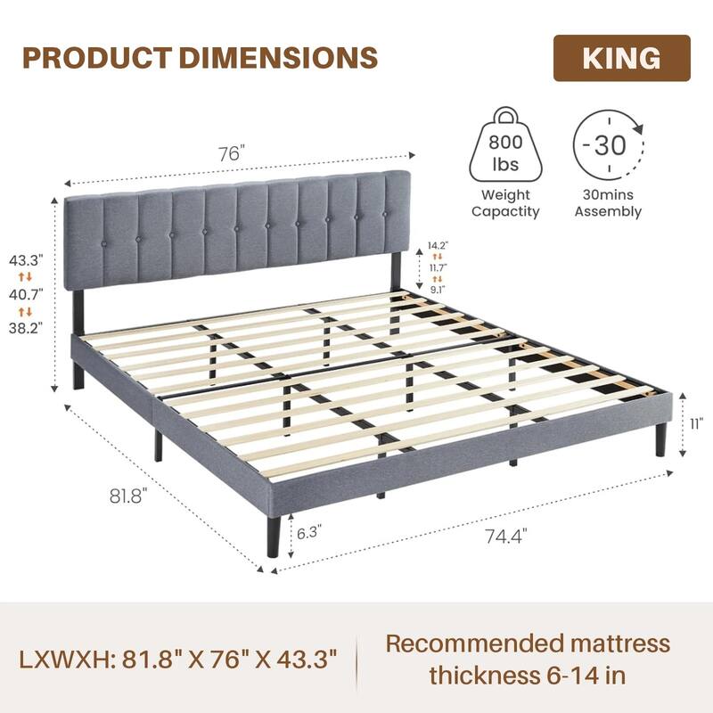 Twin Size Upholstered Platform Bed Frame with Adjustable Headboard, No Box Spring Needed with Sturdy Wooden Slats Support