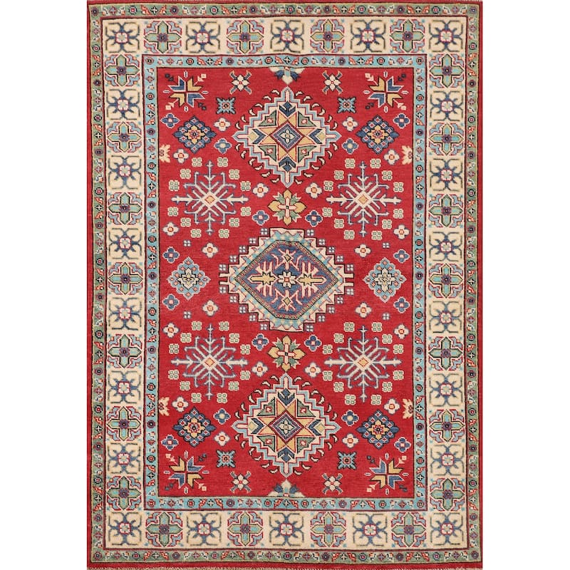 Geometric Red Kazak Oriental Area Rug Bedroom Hand-Knotted Wool Carpet - 3'11"x 6'0"