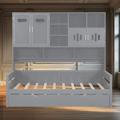 Twin Size Wooden Daybed with Roll-Out Trundle, All-in-One Storage Cabinet and Shelf - Space-Saving Design