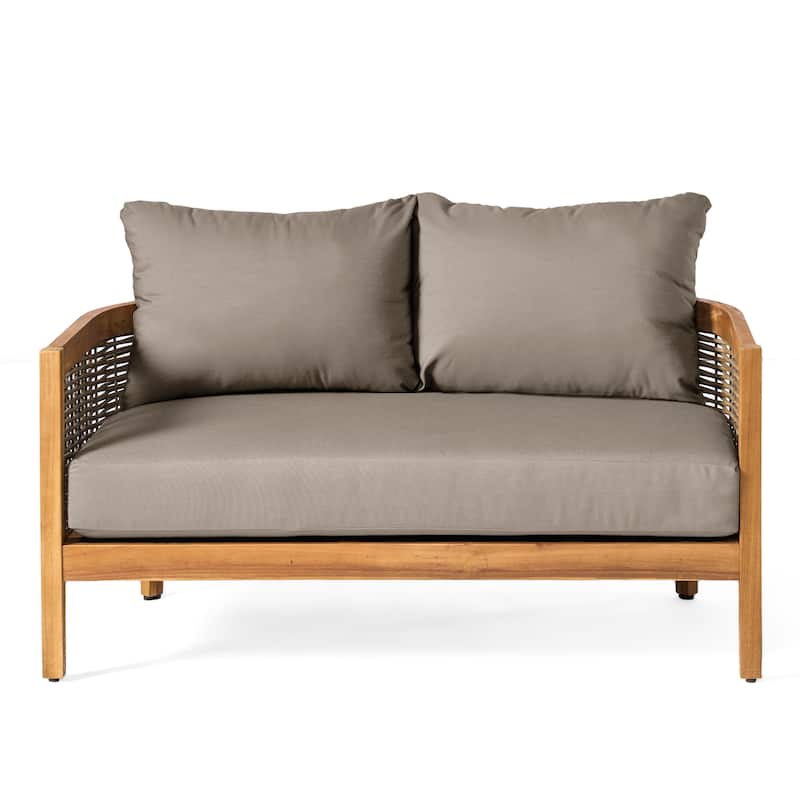 Burchett Outdoor Acacia Wood and Wicker 4 Seater Chat Set with Optional Sunbrella Cushions by Christopher Knight Home