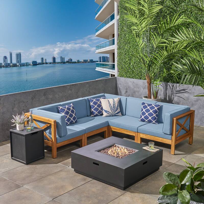 Culatra Outdoor Acacia Wood 5 Seater Sectional Sofa Set with Fire Pit by Christopher Knight Home - teak finish  + dark gray + blue cushion