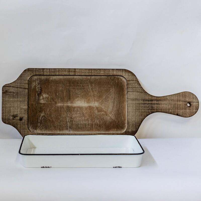 Rectangular White Platter And Wooden Tray