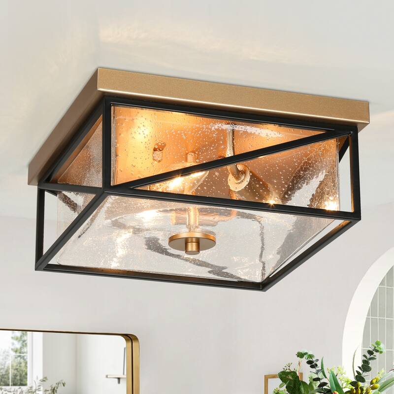 Modern 3-Light Square Black Gold Flush Mount Glass Ceiling Light for Foyer