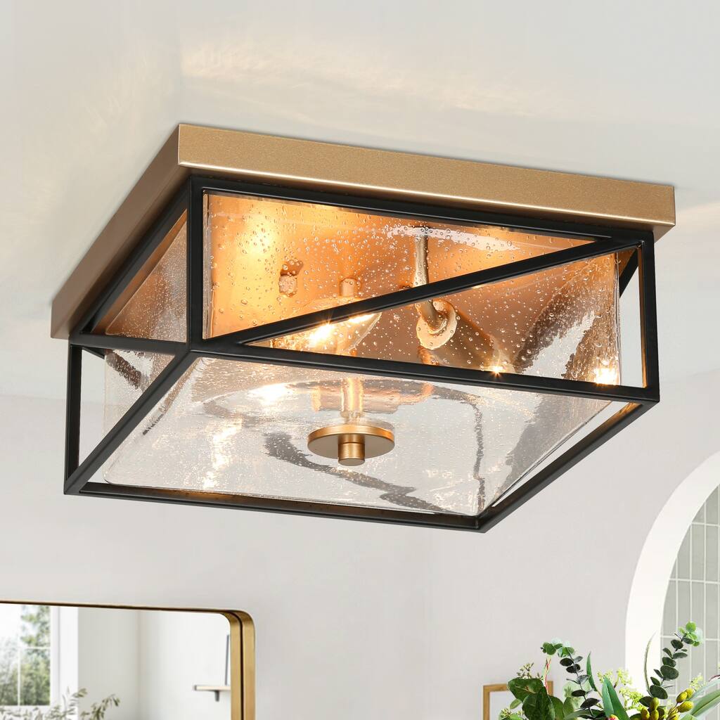 Modern 3-Light Square Black Gold Flush Mount Glass Ceiling Light for Foyer