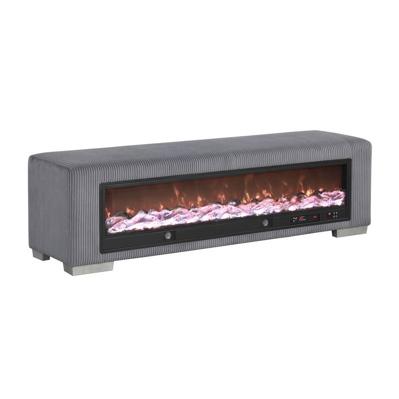 Furniture of America Goffney Chenille Bench with Fireplace Simulator and Bluetooth Audio