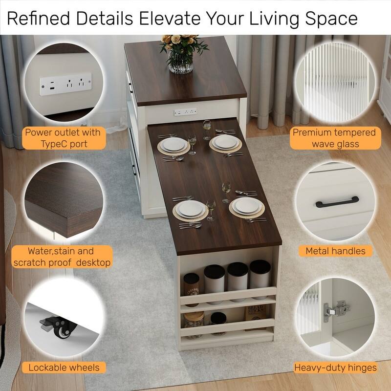 Extendable Kitchen Island with Slide Out Table and Double-Sided Storage for Home and Dining Use