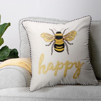 Embroidered "Bee Happy" Pillow 18x18"
