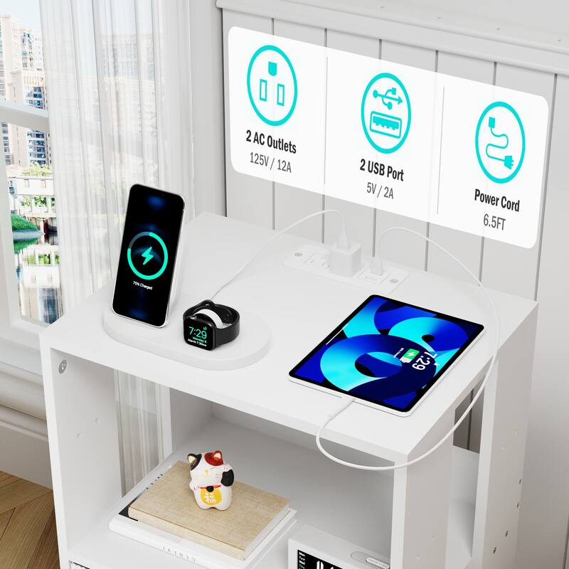 Kids' Wooden Nightstand with Two Drawers, White and Gray, Space-Saving Bedroom End Table