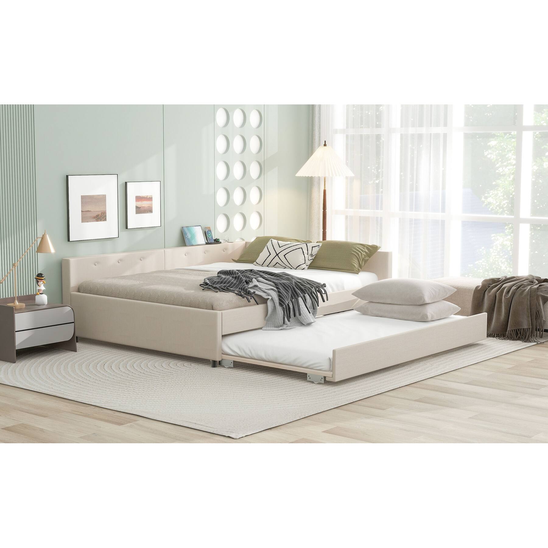 Beige Grounded Lowprofile Platform Bed Frame Daybed w/USB,Trundle On