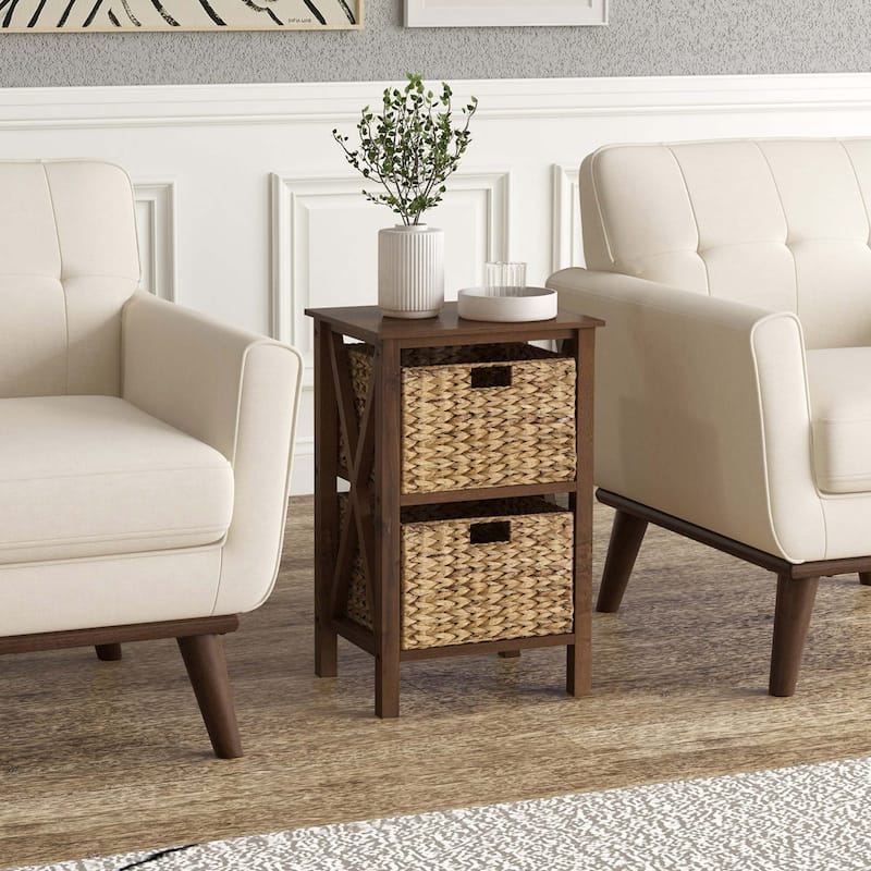 Costway 1/2 PCS 2-Tier Nightstand with 2 Seagrass Baskets Rubber Wood