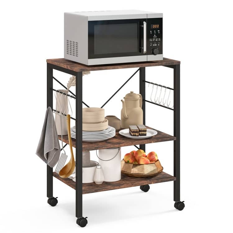 3-Tier Kitchen Baker's Rack Microwave Oven Storage Cart with Hooks - 23.5" x 16" x 29" (L x W x H)