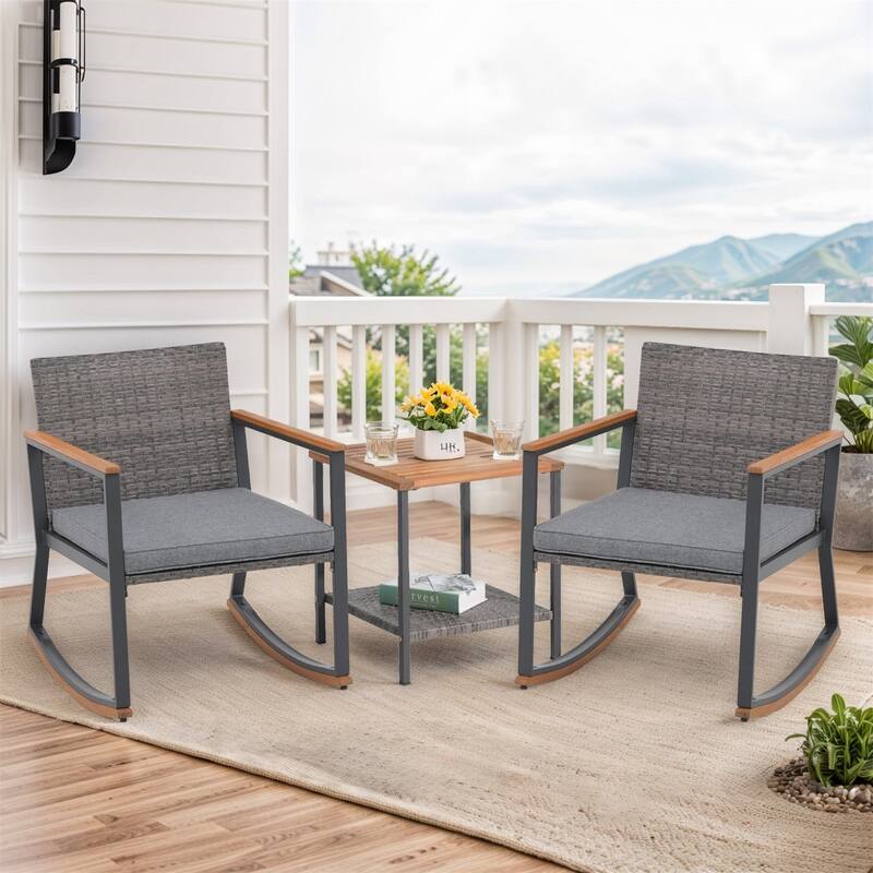 3 Pieces Rocking Wicker Bistro Set, Patio Outdoor Furniture Conversation Sets with Porch Chairs and Glass Coffee Table - Light Grey