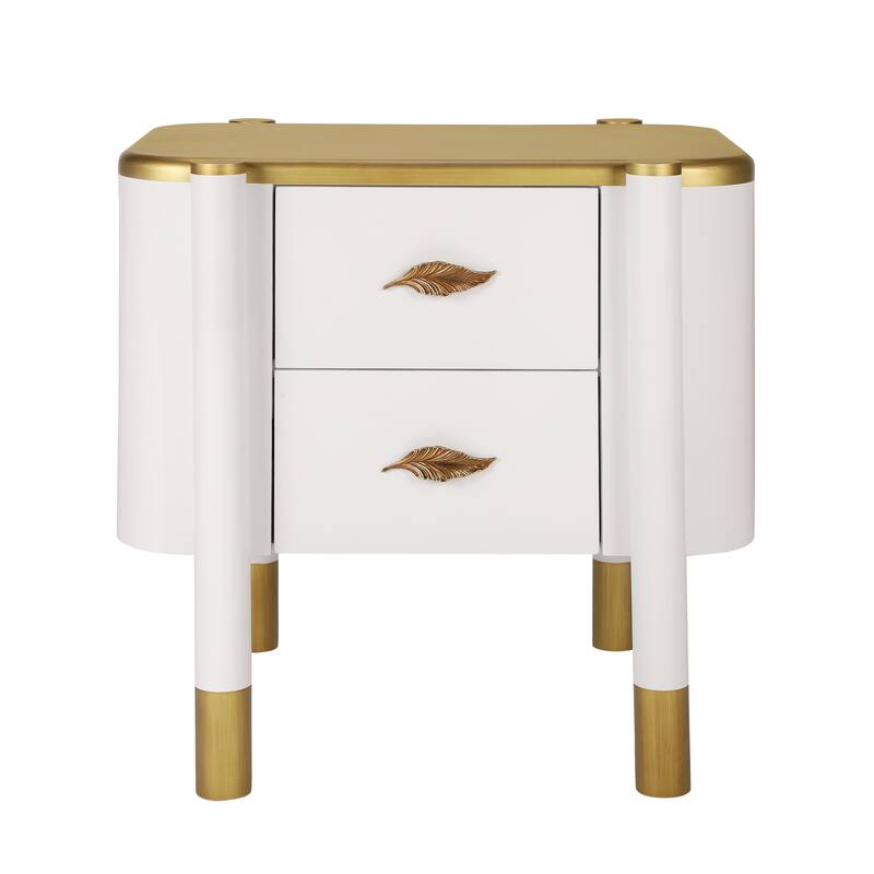 Contemporary 2-Drawer Nightstand - Curved Profile + Metal Feather Handles, Exposed Legs, Easy Assembly (White)