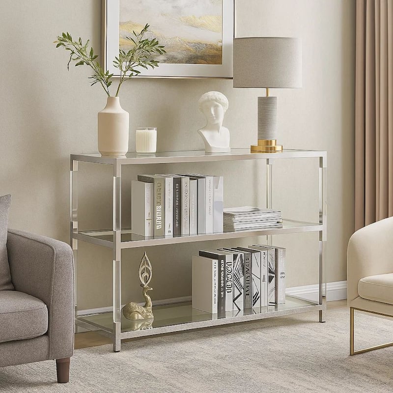 Metal and Glass Sofa Table with 2 Open Shelves, Silver and Clear