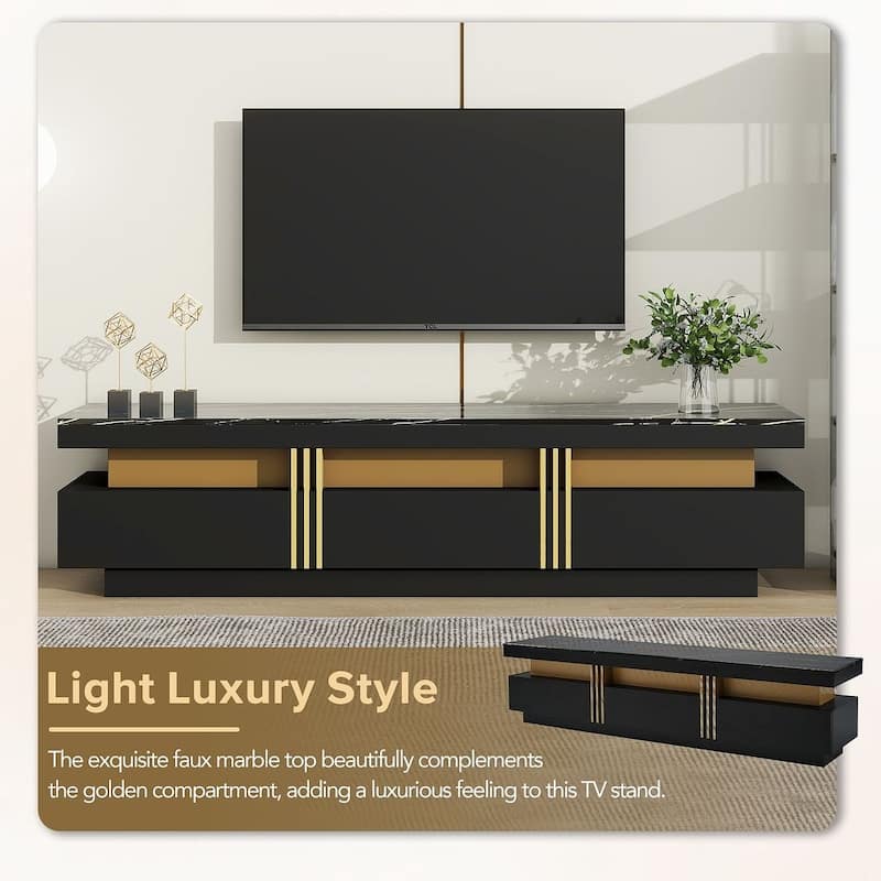 Modern TV Stand with High Gloss Faux Marble Top for TVs Up to 78'' - 68.8”W x 14.9”D x 16.5”H