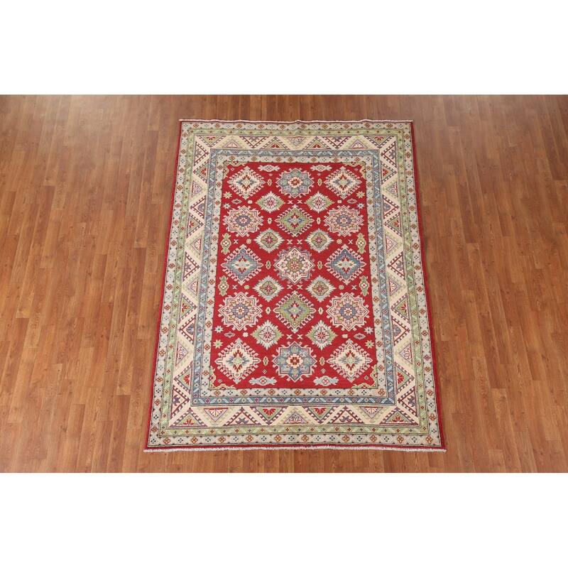 Geometric Red Kazak Oriental Area Rug Handmade Wool Carpet - 5'8" x 7'10"