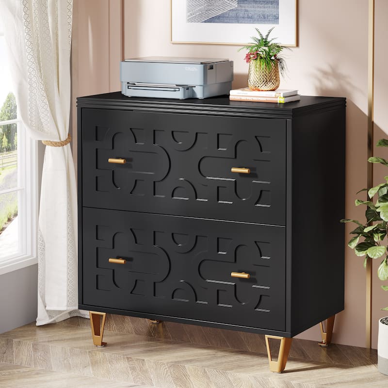 2-Drawer Lateral File Cabinet, Modern White Office Filing Cabinet for Legal/ Letter/A4 Size - Gold/Black
