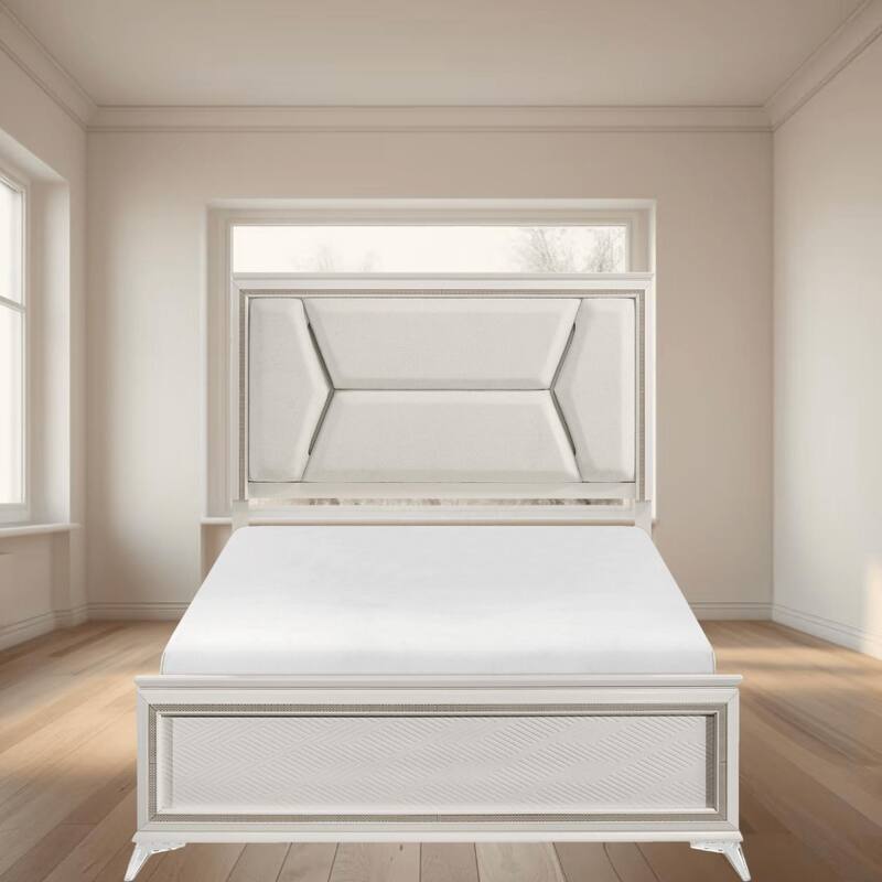 Modern Luxury Queen Size Platform Bed with LED Headboard, Chenille Upholstery and Gold Accents, Stylish Bedroom Furniture - Antique White - Queen