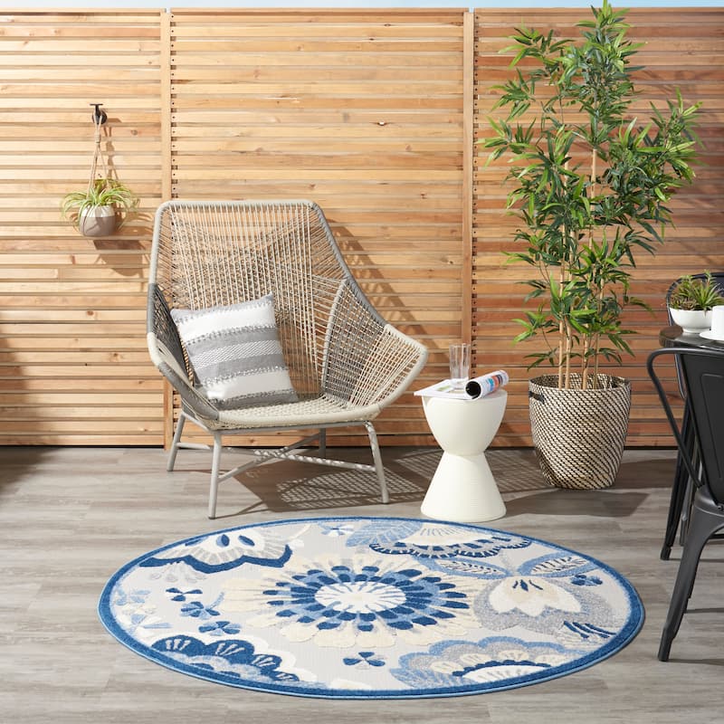 Nourison Aloha Scandinavian Floral Indoor/Outdoor Area Rug - 4' Round - Grey/Blue
