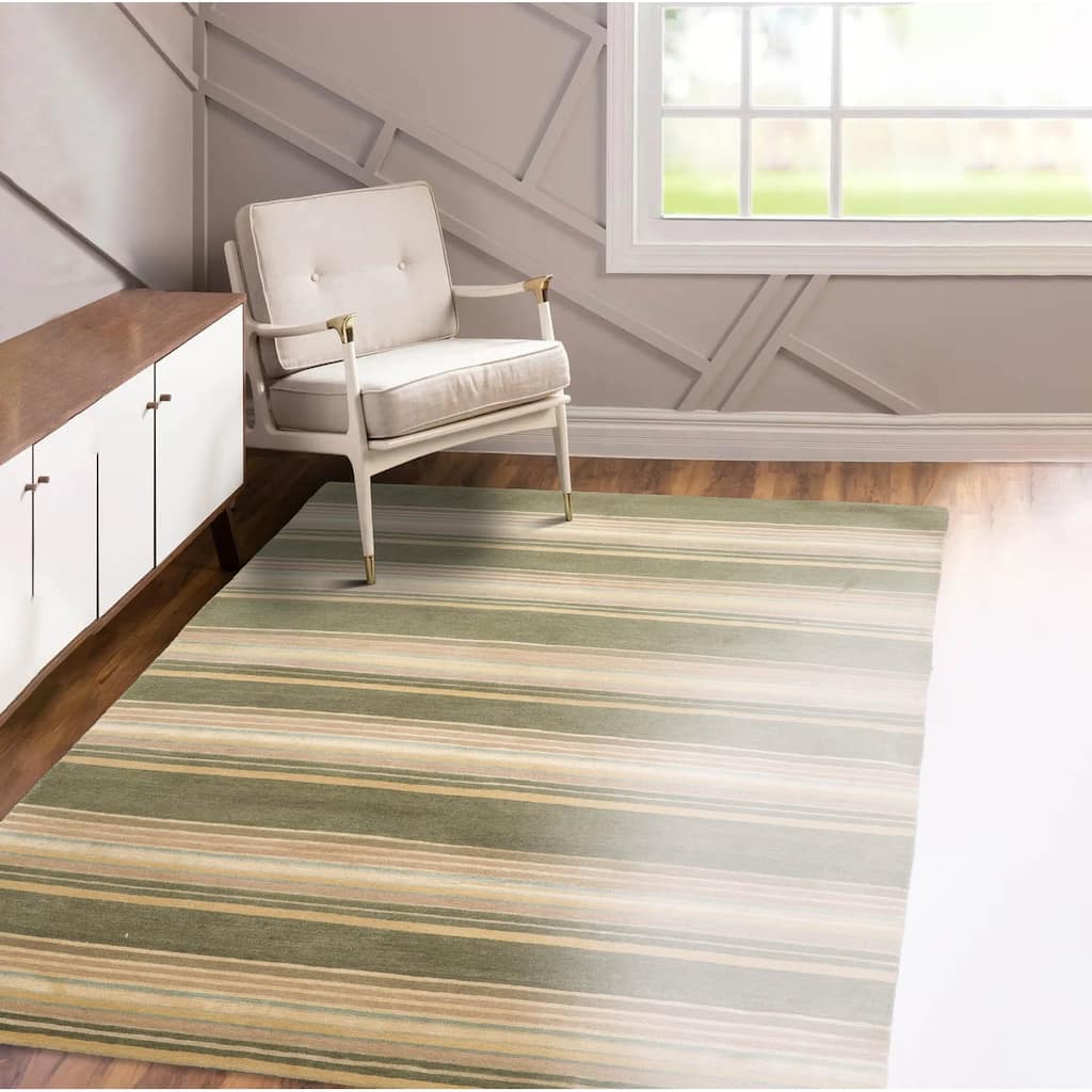 Hand Knotted Tibetan Beige Striped Wool & Silk Modern Area Rug - 4' x 6'