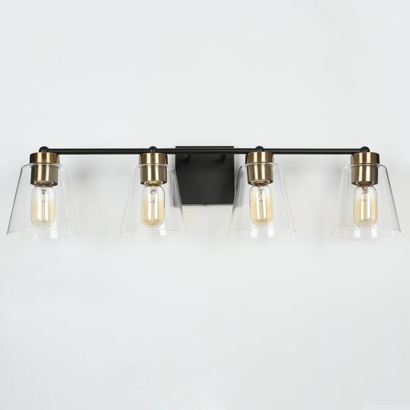 Marsie 4-Light Modern Transitional Black Gold Linear Bathroom Vanity Lights with Cylinder Clear Glass - L 29"* W 6"* H 7.5"
