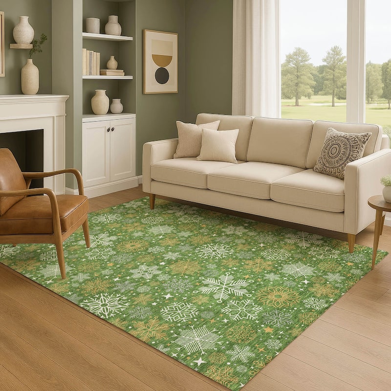 Premium Washable Super Soft Winter Snowflake Mayfield Rug - Green - 9' x 12'