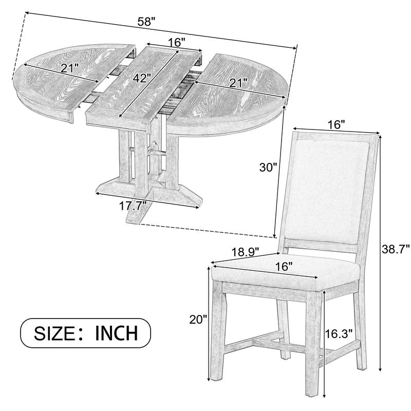 5-Piece Dining Set Extendable Round Table and 4 Upholstered Chairs Farmhouse Dining Set
