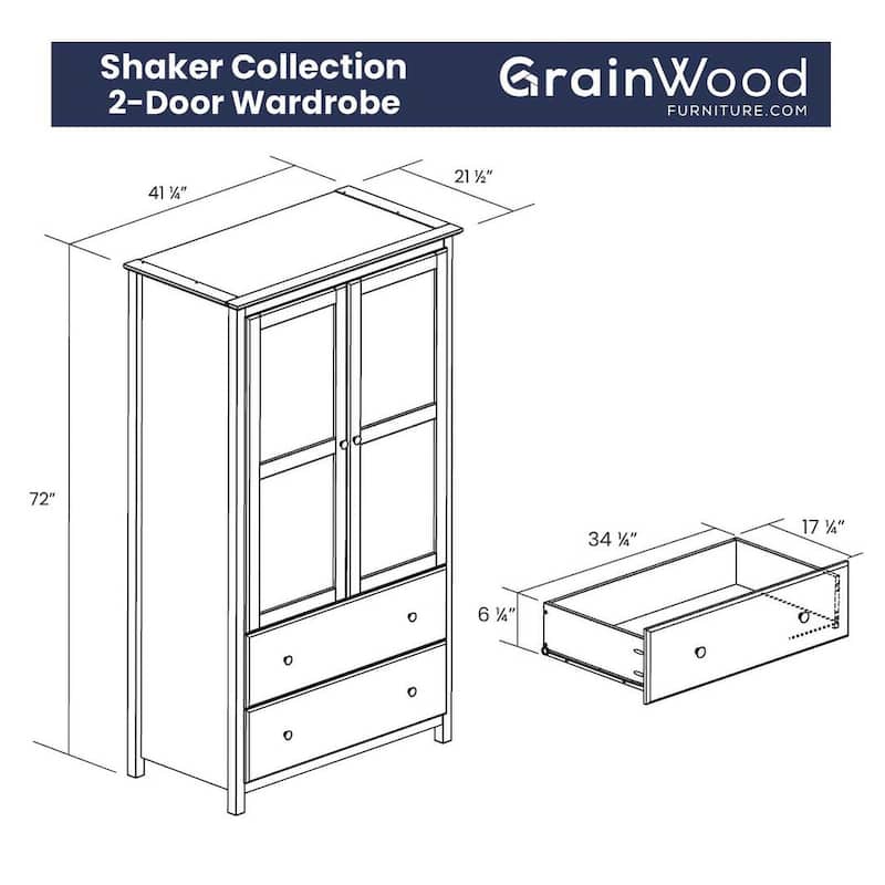 Grain Wood Furniture Shaker 2-Door Solid Wood Armoire - 41x72x22