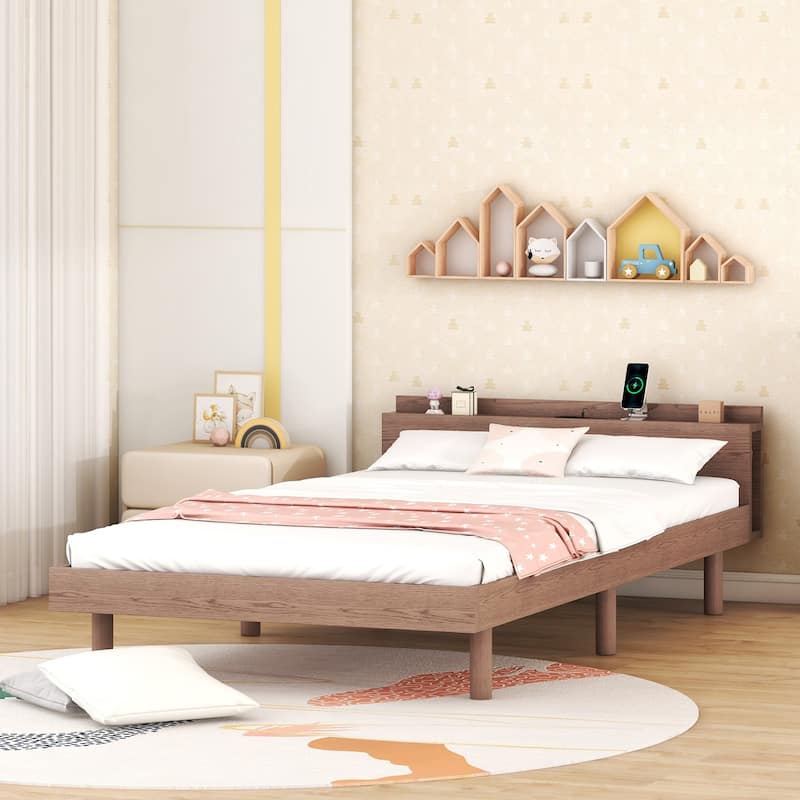Brown Twin Particle Board Bed with USB Ports
