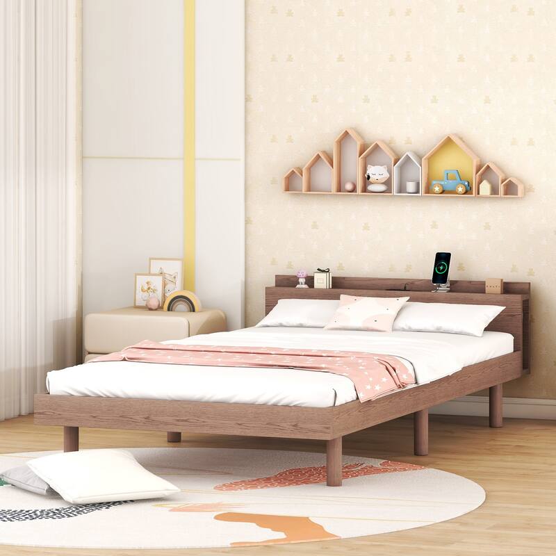 Walnut Modern Twin Size Platform Bed with Built-in USB Port