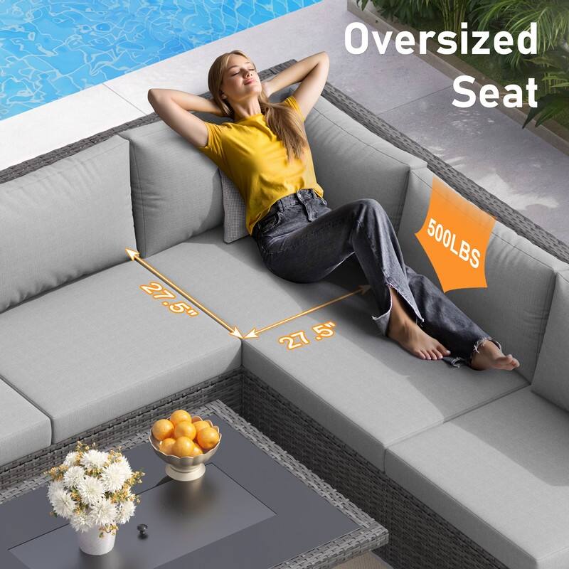 7 Piece Outdoor Sectional Modular Wicker Patio Conversation Set with 43'' Fire Pit Table and Cushion