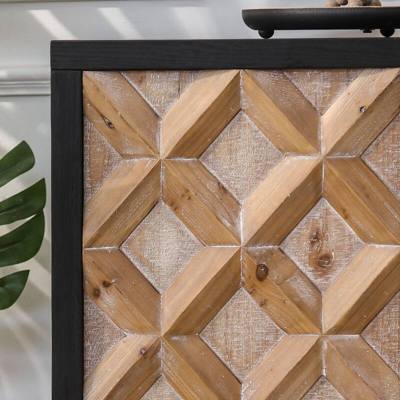 Rustic 4-Door Wood Storage Cabinet Buffets with Geometric Pattern,Adjustable Shelves Natural Wood Sideboard Cabinet