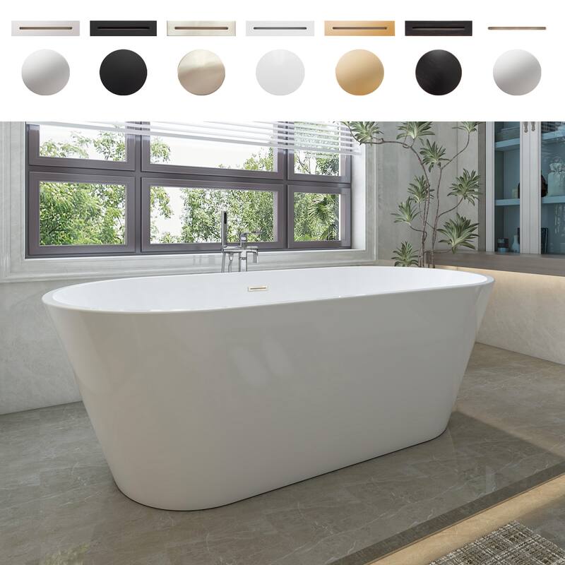 Vanity Art 59" Non-Slip Acrylic Freestanding Soaking Bathtub with Overflow & Pop-up Drain