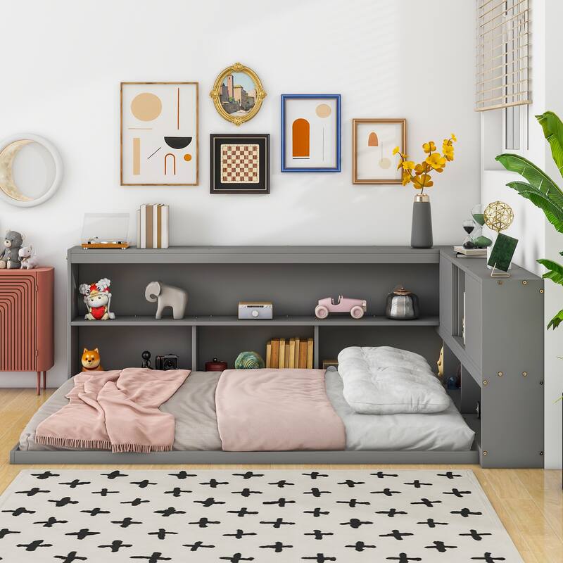Floor Bed with L-shaped Bookcases and sliding doors - Gray - Twin