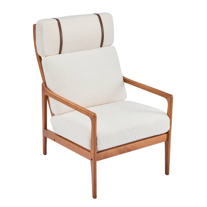 Mid Century Modern Accent Armchair, Solid Wood Frame with High Back, Beige Upholstered Cushions, Ergonomic Lounge Chair