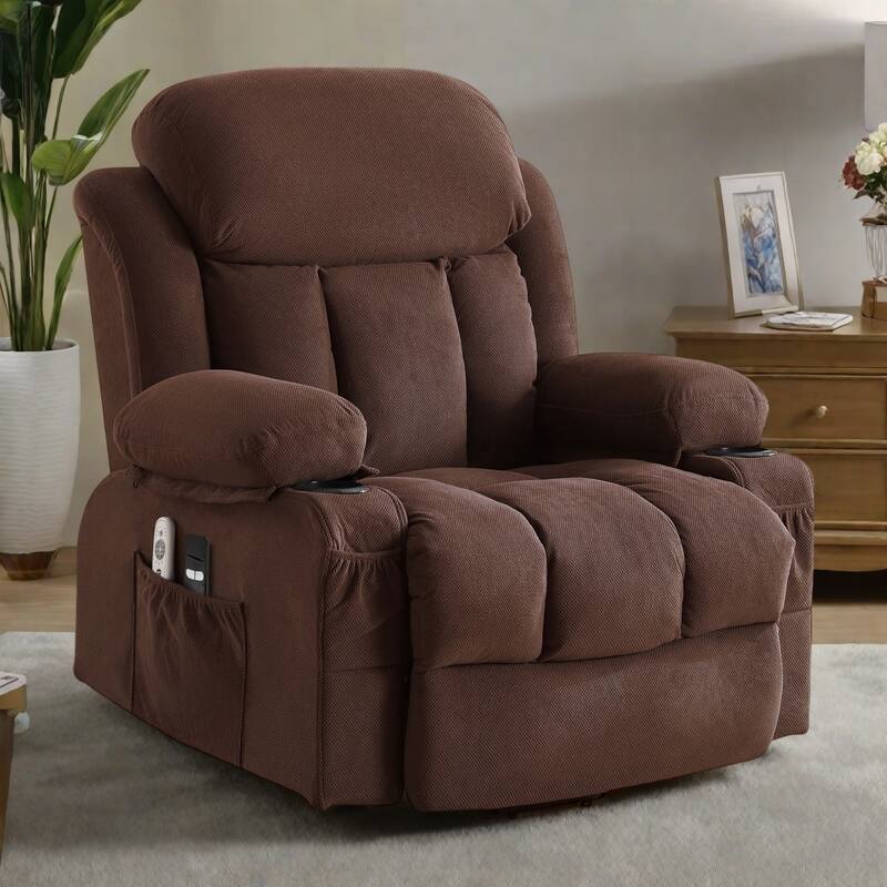 Electric Recliner Chair with Massage and Heat, USB Port, Cup Holders and Side Pockets, Adjustable Vibration Modes and Heating - Brown