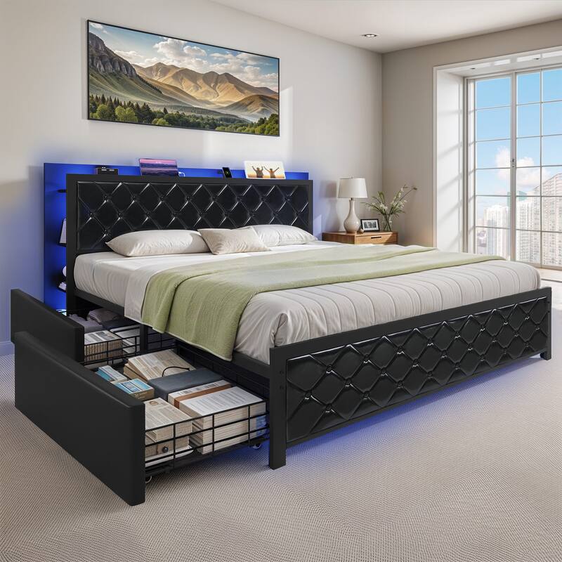 Moasis Queen Bed Frame with Headboard & 4 Storage Drawers, Modern Upholstered Faux Leather Platform Bed