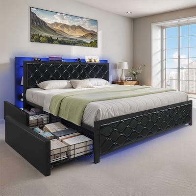 Moasis Queen Bed Frame with Headboard & 4 Storage Drawers, Modern Upholstered Faux Leather Platform Bed