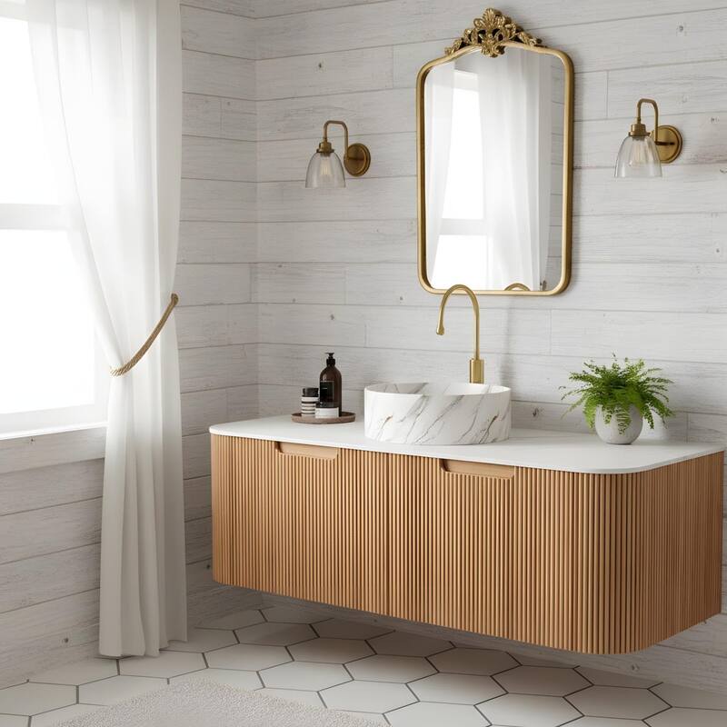 Floating Bathroom with Round Ceramic Basin and Storage Drawer