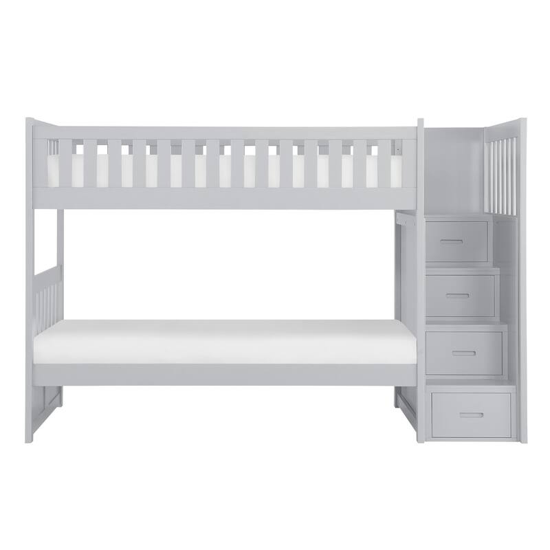 Catherine Twin over Twin Bunk Bed, Storage Step, Gray Veneer, Solid Wood