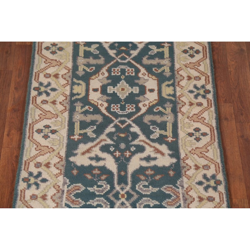 Transitional Blue Oushak Runner Rug Hand-Knotted Wool Carpet - 2'5" x 9'11"