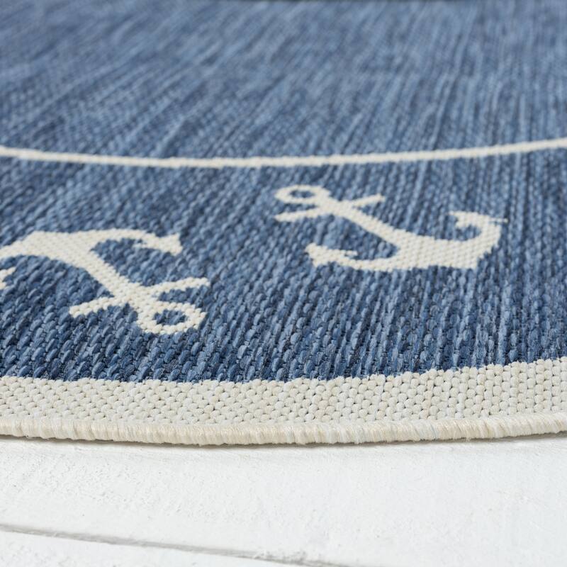 Sevita Tides Nautical Anchor Border Navy/White Performance Indoor/Outdoor Area Rug