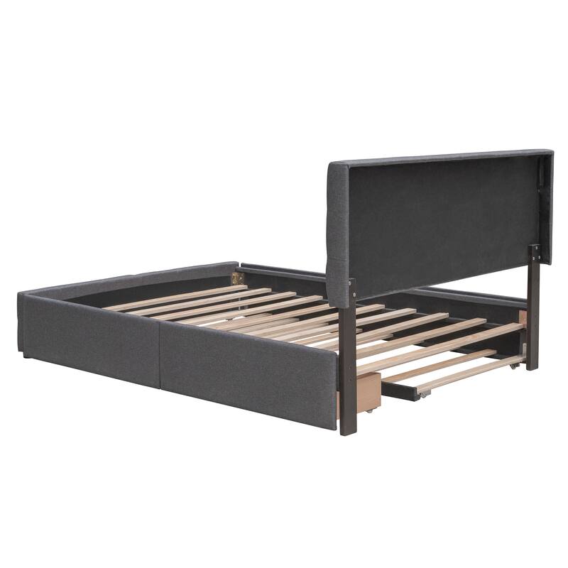 Upholstered Platform Bed with 2 Drawers and 1 Twin XL Trundle, Linen Fabric, Queen Size