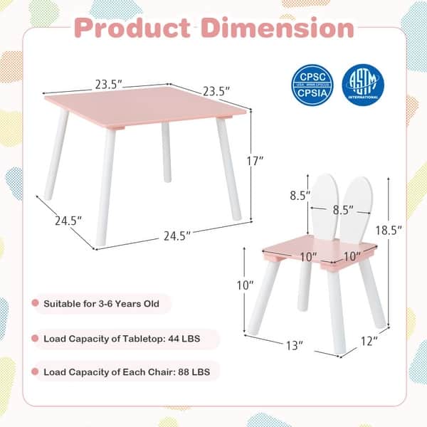 dimension image slide 2 of 3, 3 Pieces Kids Table and Chairs Set for Arts Crafts Snack Time - 24.5" x 24.5" x 17"