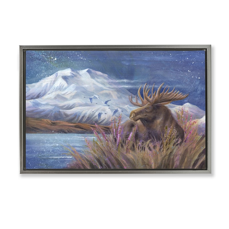 Stupell Moose & Snowy White Mountain Framed Floater Canvas Wall Art Design By Jody Bergsma - 31 x 21 - Grey